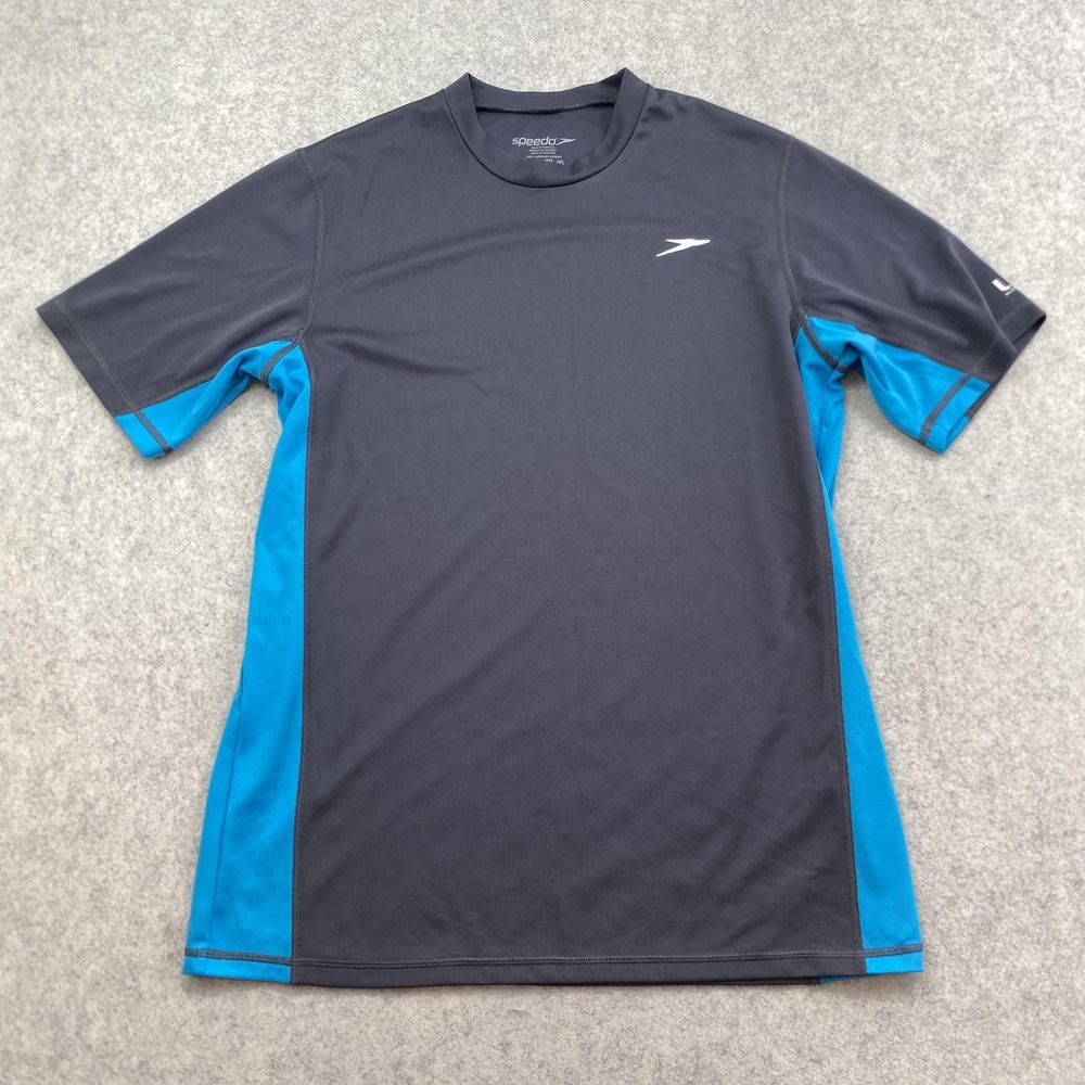 Speedo Block The Burn Shirt Mens Medium Gray Blue UV Short Sleeve Rashguard Swim